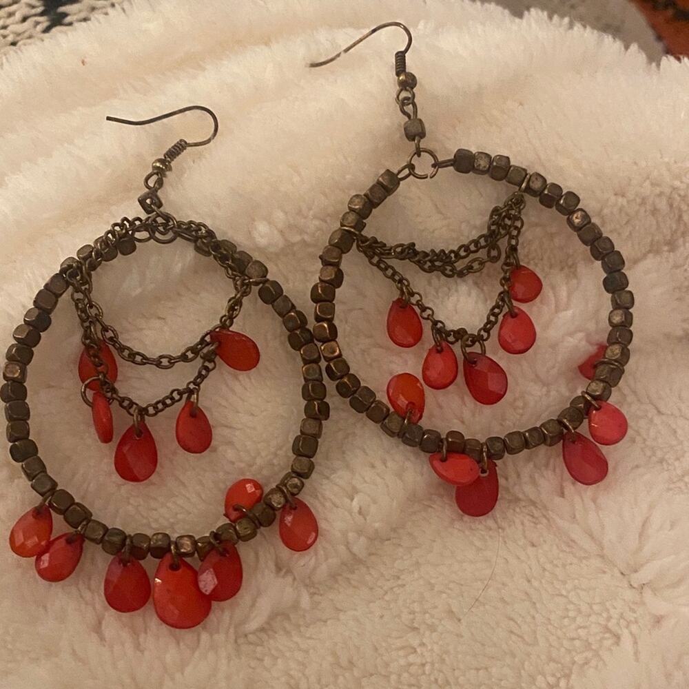 Elegant Red Beaded Hoop Earrings